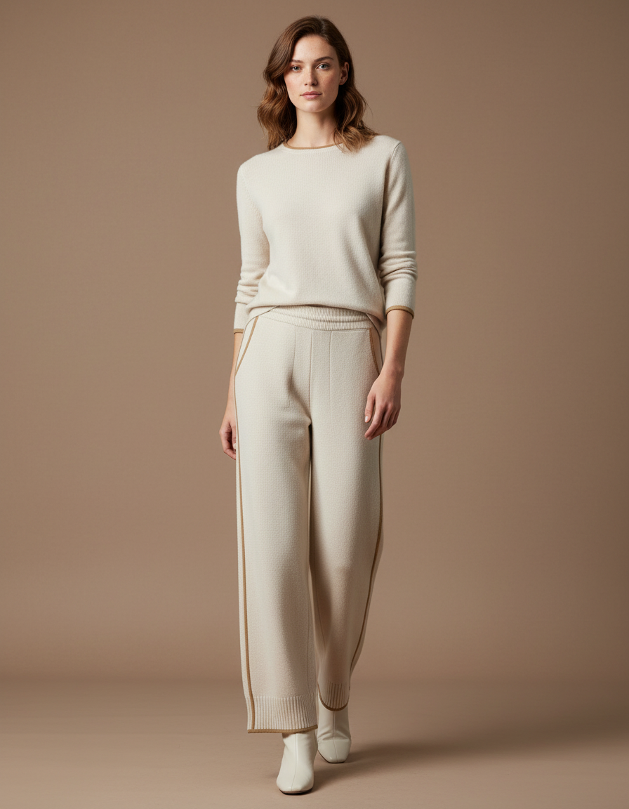 Pantalon Blanc Large Tricoté Confortable Élégant Femme - Beige Maille