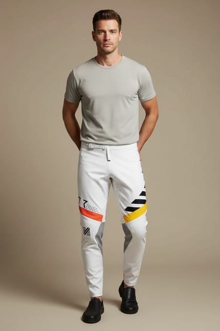 Pantalon Blanc Motocross Homme Racing Design Géométrique Moderne - Polyester