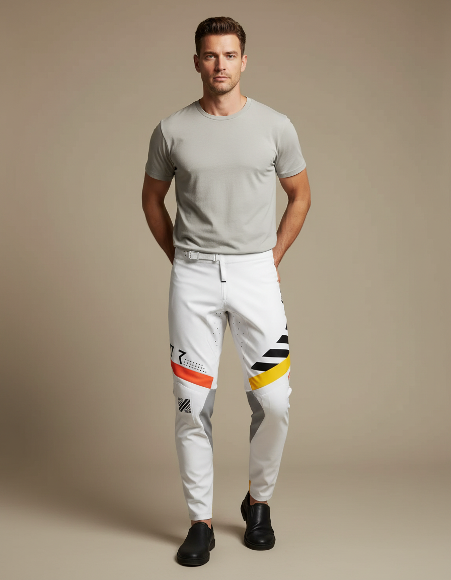 Pantalon Blanc Motocross Homme Racing Design Géométrique Moderne - Polyester