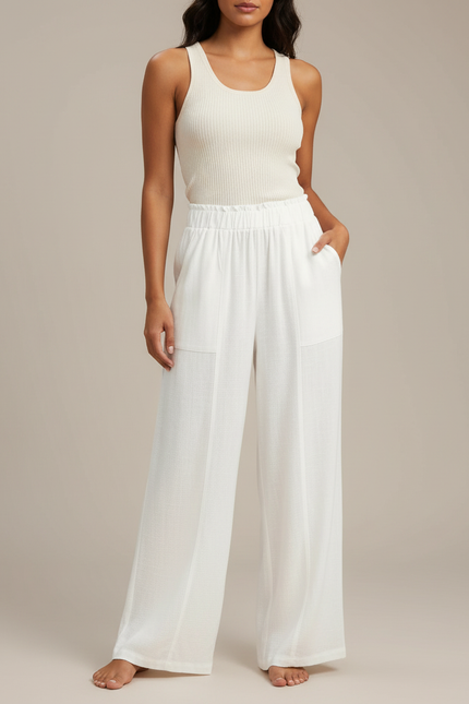 Pantalon Blanc Lin Fluide Ample Taille Haute Décontracté