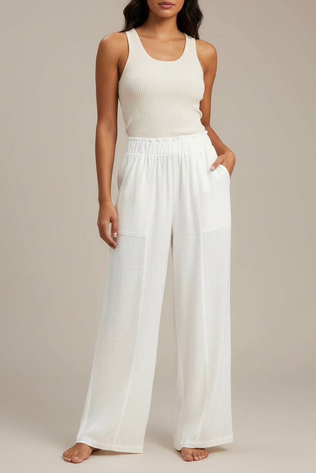 Pantalon Blanc Lin Fluide Ample Taille Haute Décontracté