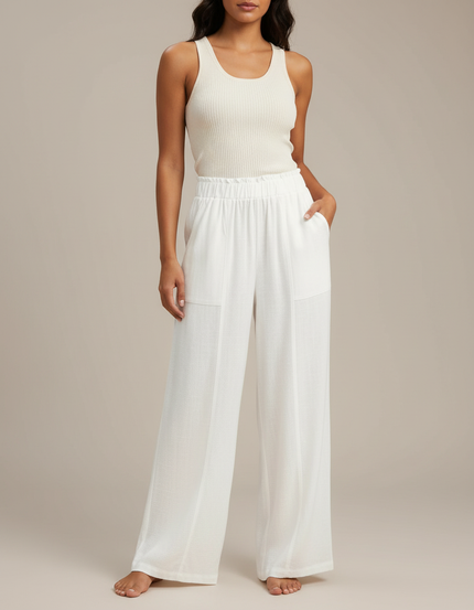 Pantalon Blanc Lin Fluide Ample Taille Haute Décontracté
