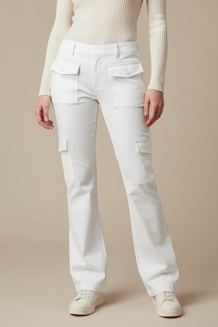 Pantalon Blanc Cargo Évasé Femme Coton Poches