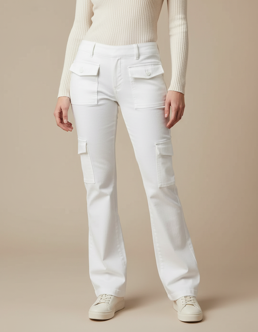 Pantalon Blanc Cargo Évasé Femme Coton Poches