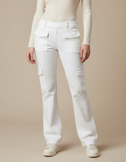 Pantalon Blanc Cargo Évasé Femme Coton Poches