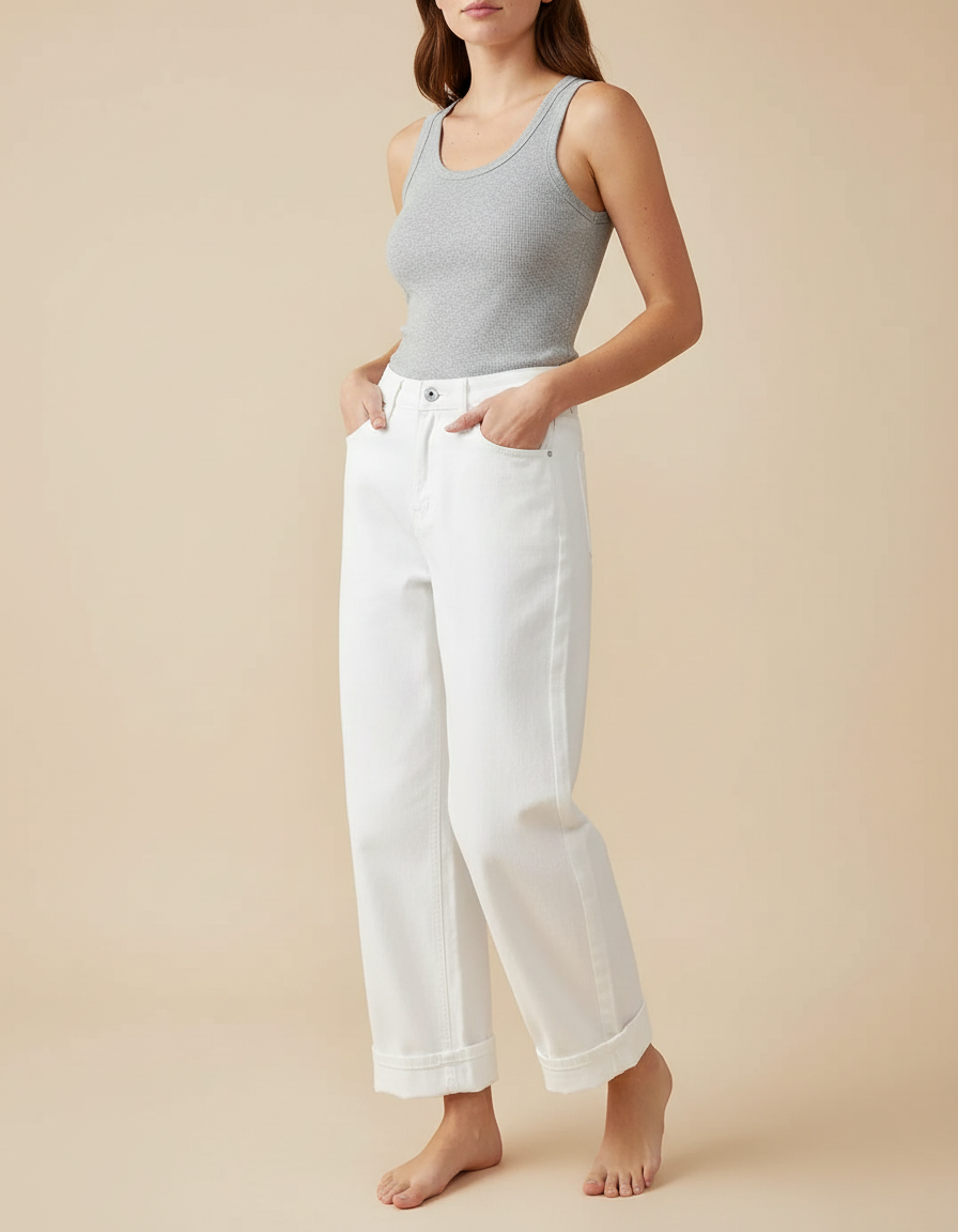 Pantalon Blanc Large Décontracté Femme Denim - Jean