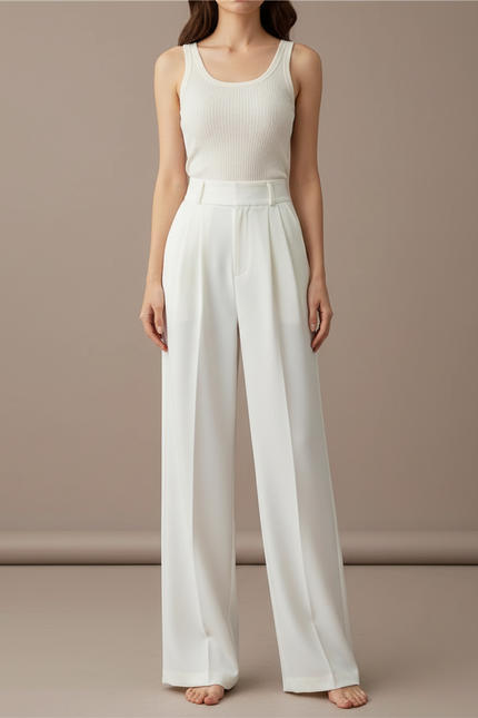 Pantalon Blanc Ample Plissé Taille Haute Élégant - Polyester