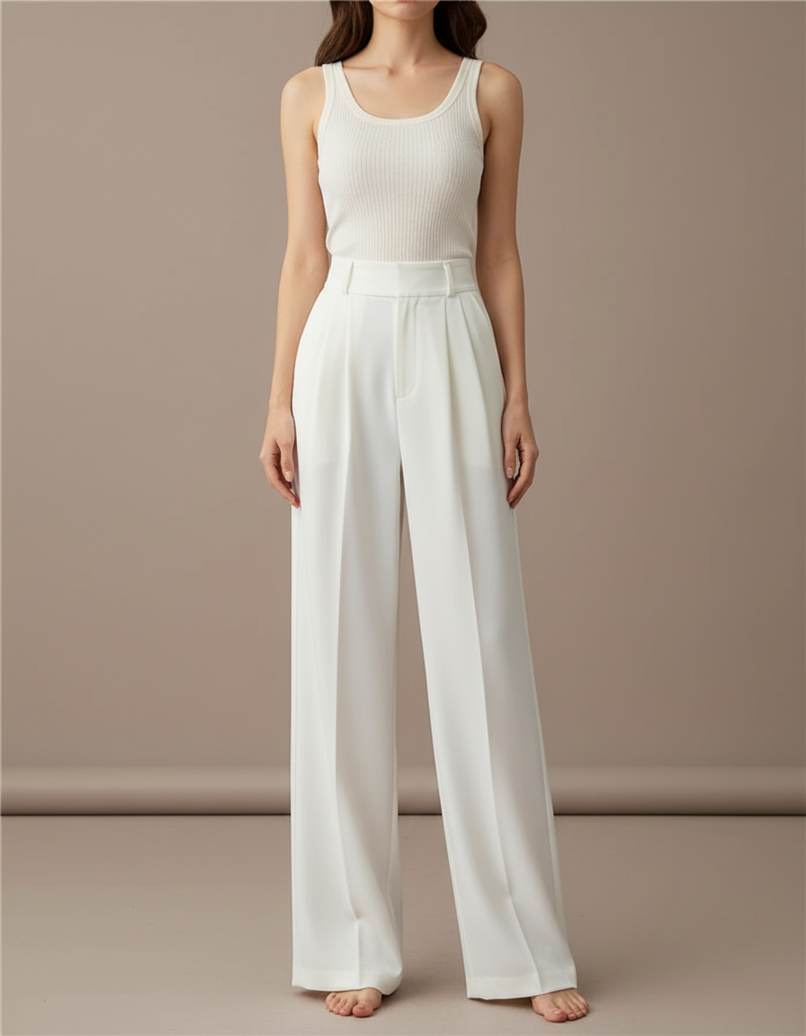 Pantalon Blanc Ample Plissé Taille Haute Élégant - Polyester
