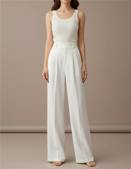 Pantalon Blanc Ample Plissé Taille Haute Élégant - Polyester