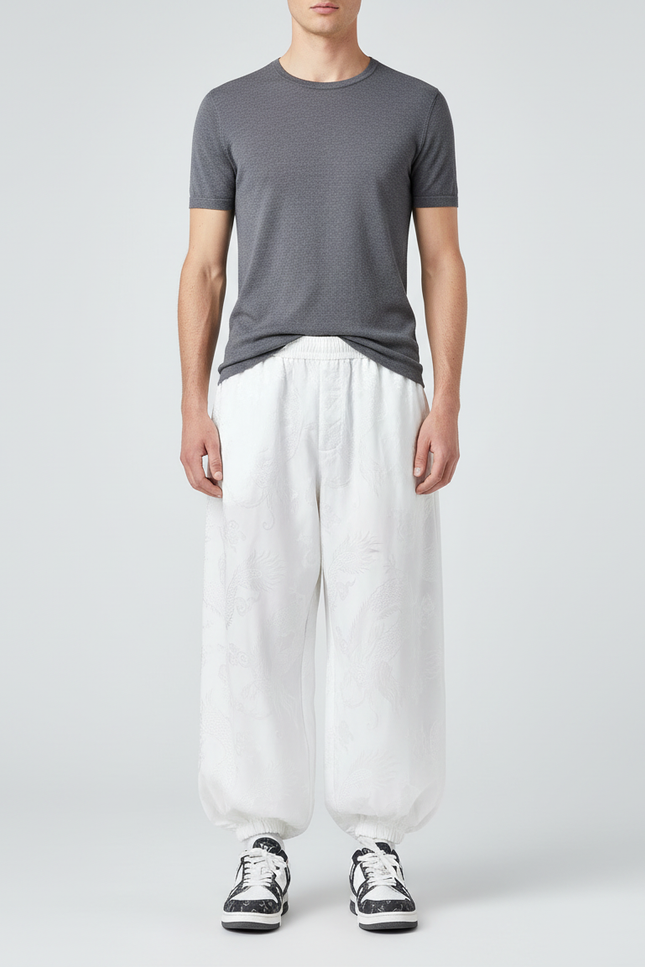 Pantalon Blanc Sarouel Ample Brodé Dragon Homme - Satin