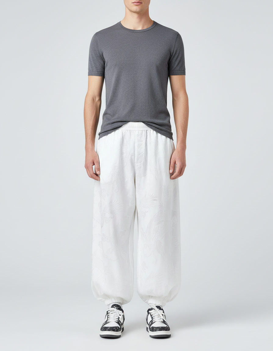 Pantalon Blanc Sarouel Ample Brodé Dragon Homme - Satin