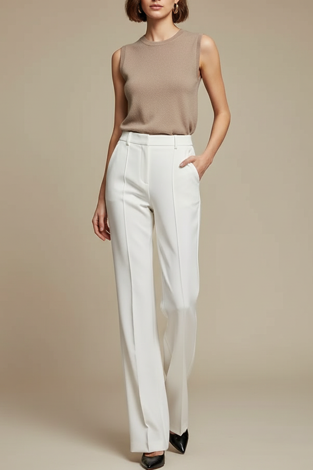 Pantalon Blanc Coupe Droite Taille Haute Élégant - Polyester