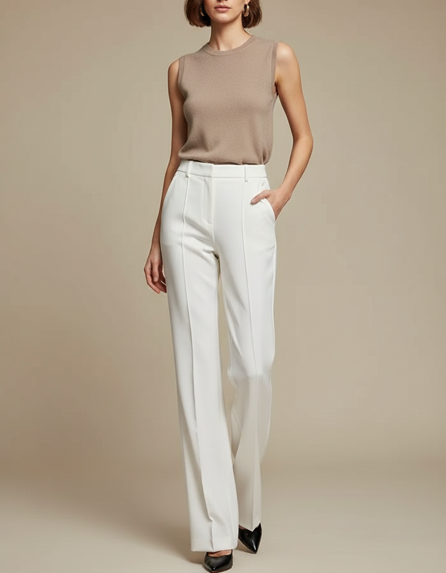 Pantalon Blanc Coupe Droite Taille Haute Élégant - Polyester