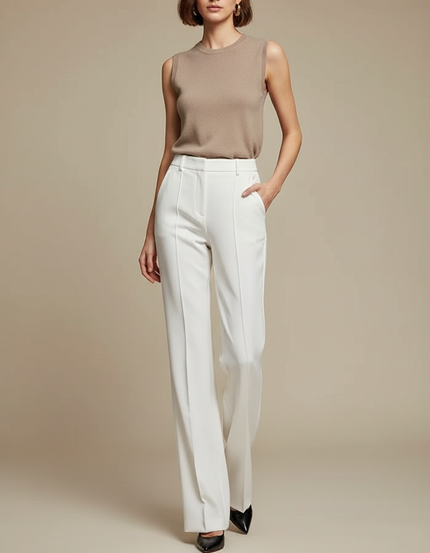 Pantalon Blanc Coupe Droite Taille Haute Élégant - Polyester
