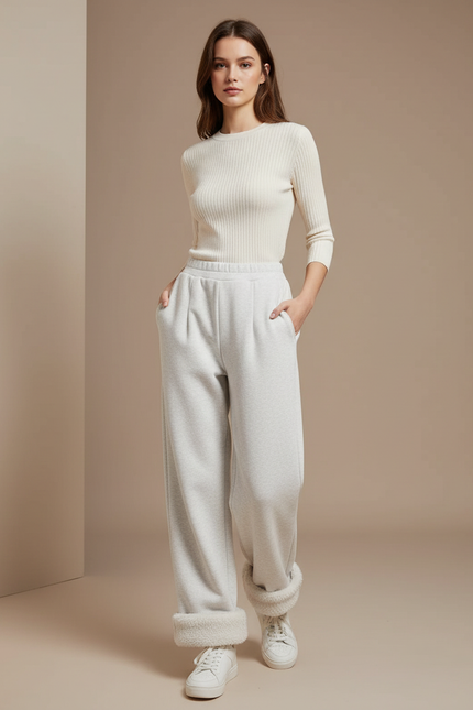 Pantalon Blanc Molletonné Ample Décontracté Confortable - Gris