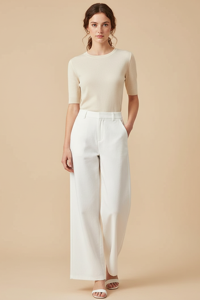 Pantalon Blanc Large Fluide Taille Haute Décontracté - Gabardine