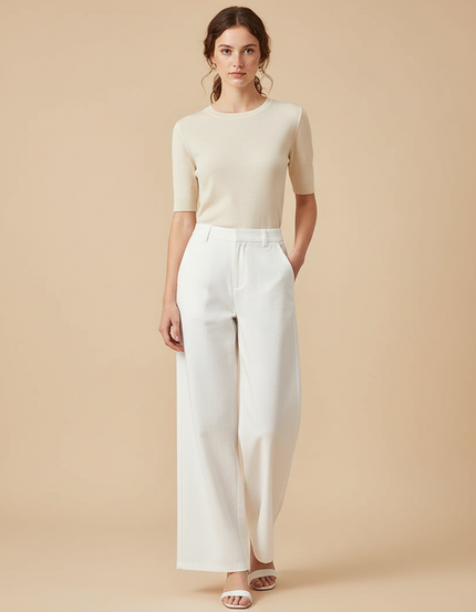 Pantalon Blanc Large Fluide Taille Haute Décontracté - Gabardine