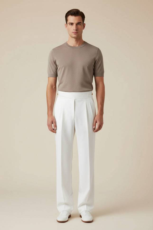 Pantalon Blanc Droit Plissé Élégant Homme - Gabardine