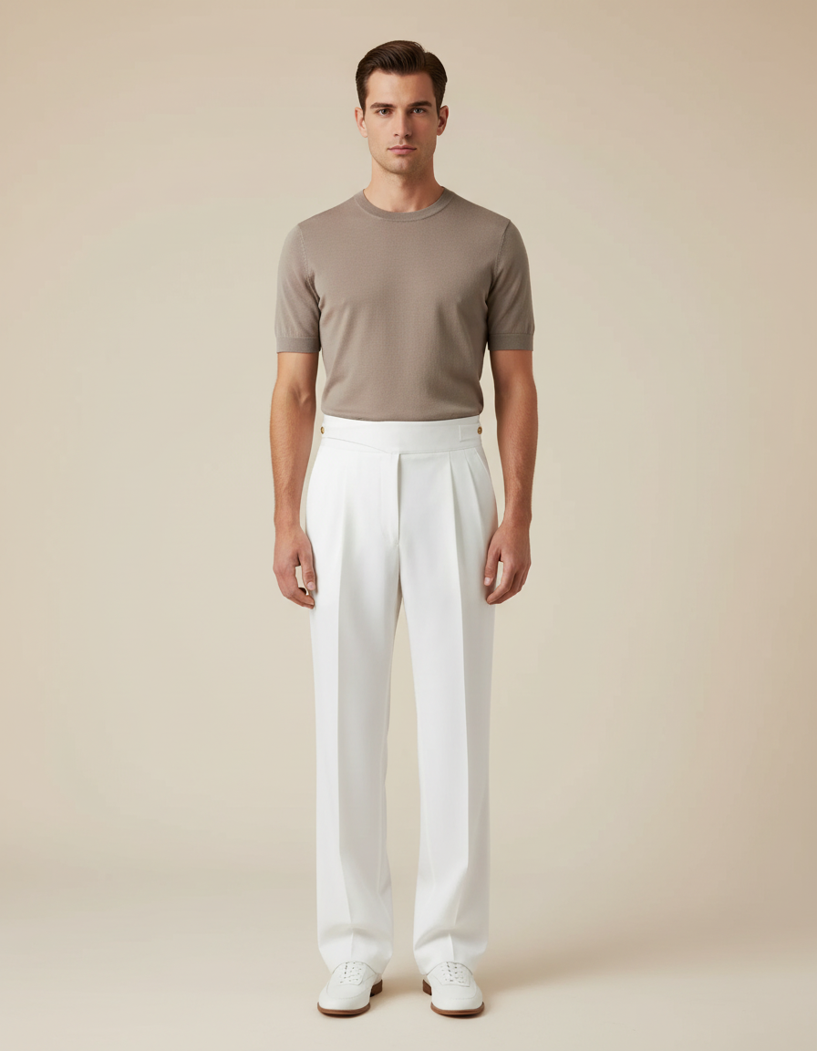 Pantalon Blanc Droit Plissé Élégant Homme - Gabardine
