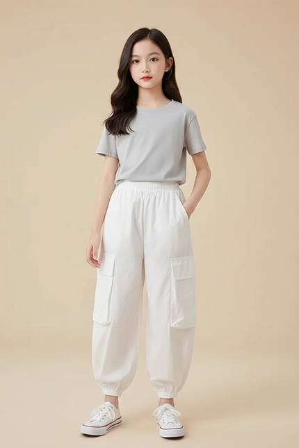 Pantalon Blanc Cargo Ample Fille Décontracté - Toile