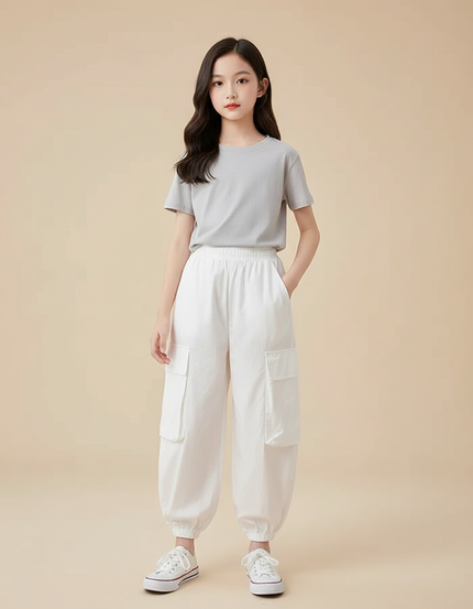 Pantalon Blanc Cargo Ample Fille Décontracté - Toile