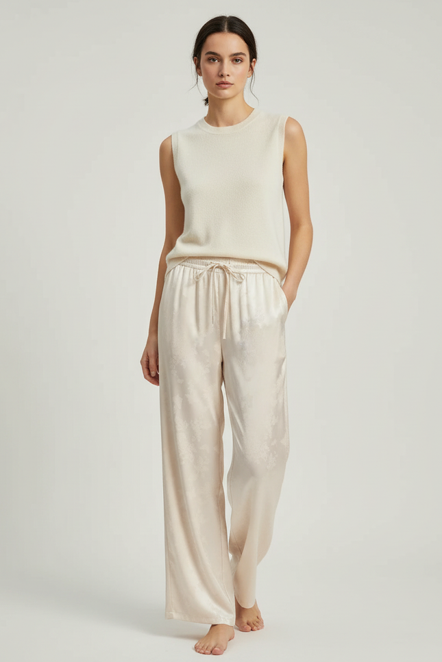 Pantalon Blanc Fluide Satiné Imprimé Ample Décontracté - Beige