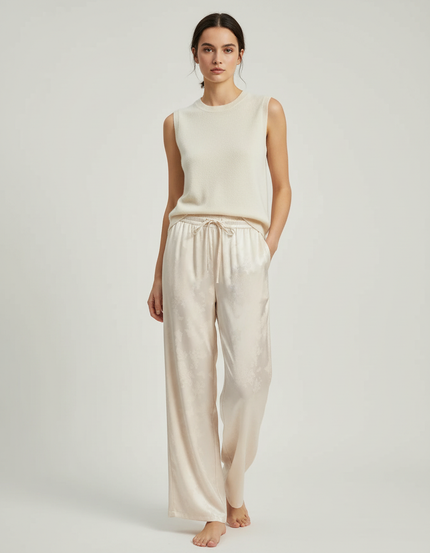Pantalon Blanc Fluide Satiné Imprimé Ample Décontracté - Beige