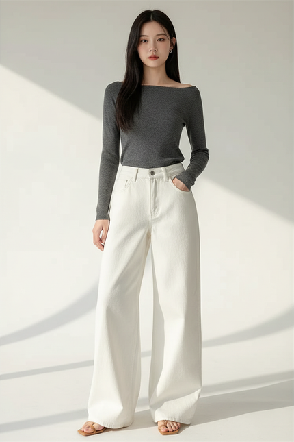 Pantalon Blanc Large Décontracté Taille Haute Femme - Jean