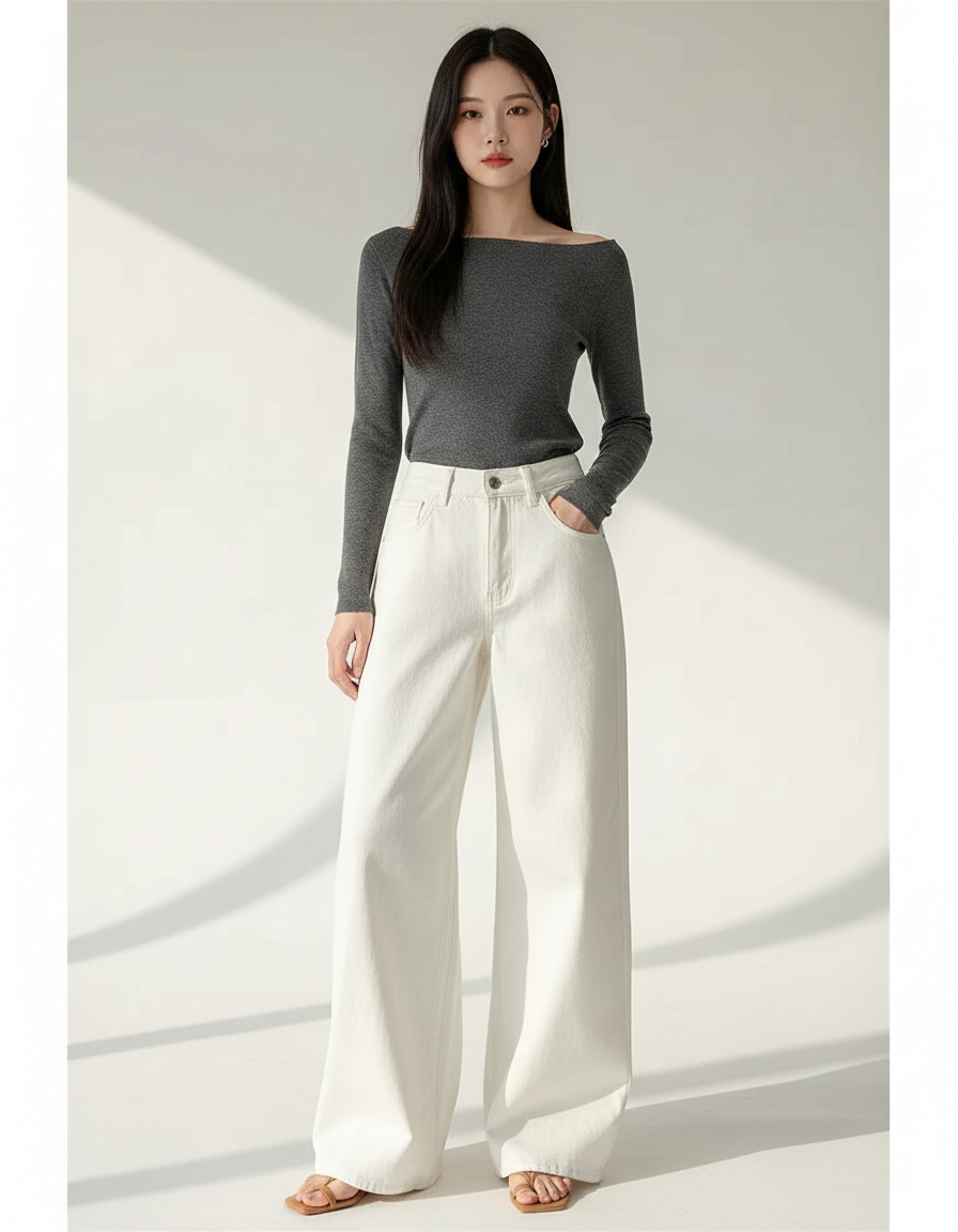 Pantalon Blanc Large Décontracté Taille Haute Femme - Jean