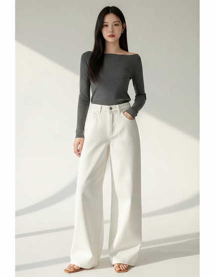 Pantalon Blanc Large Décontracté Taille Haute Femme - Jean