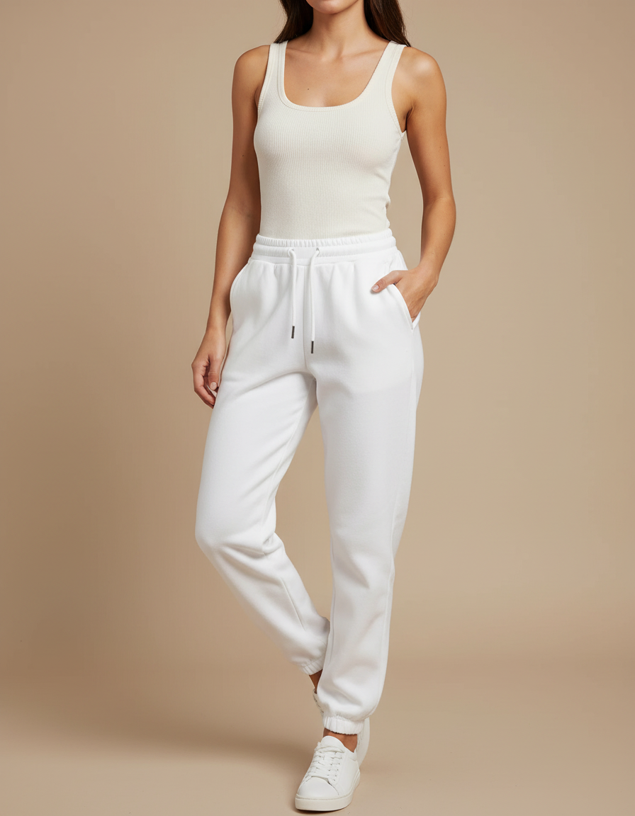 Pantalon Blanc Molletonné Décontracté Ample Cordon Cheville