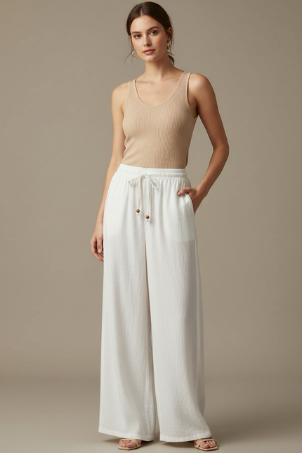 Pantalon Blanc Fluide Ample Taille Haute Décontracté Femme - Lin
