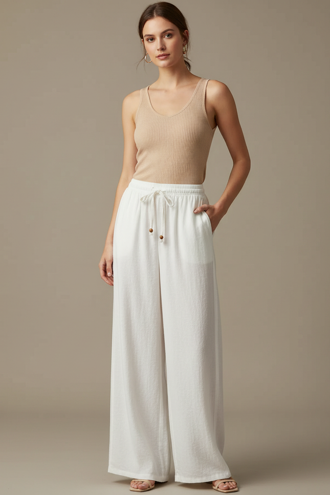 Pantalon Blanc Fluide Ample Taille Haute Décontracté Femme - Lin