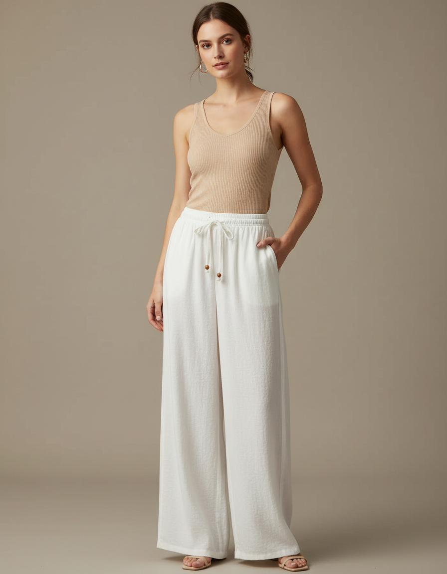 Pantalon Blanc Fluide Ample Taille Haute Décontracté Femme - Lin