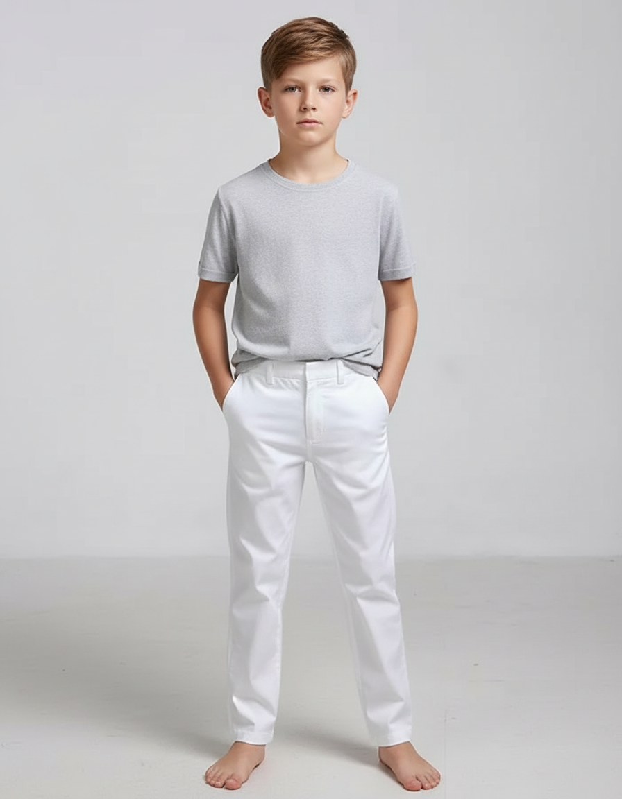 Pantalon Blanc Garçon Coupe Droite Classique - Gabardine