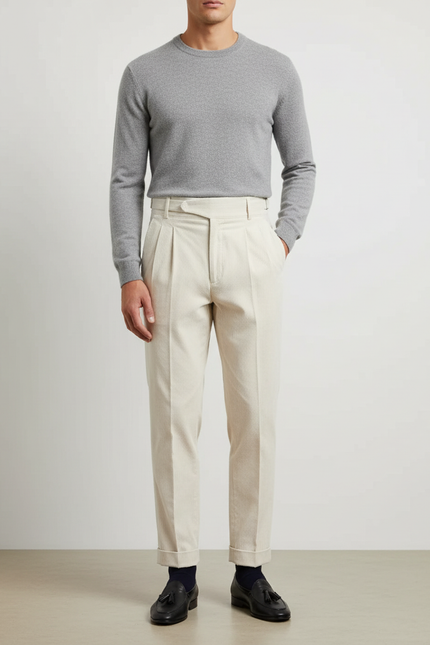 Pantalon Blanc Côtelé Plissé Élégant Homme - Beige Cordé