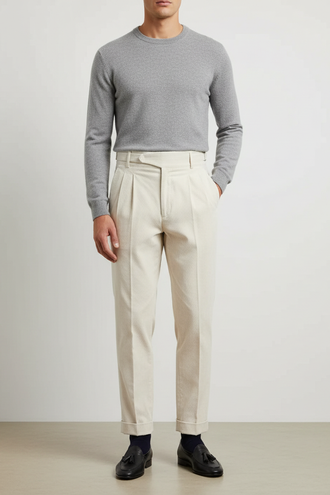 Pantalon Blanc Côtelé Plissé Élégant Homme - Beige Cordé
