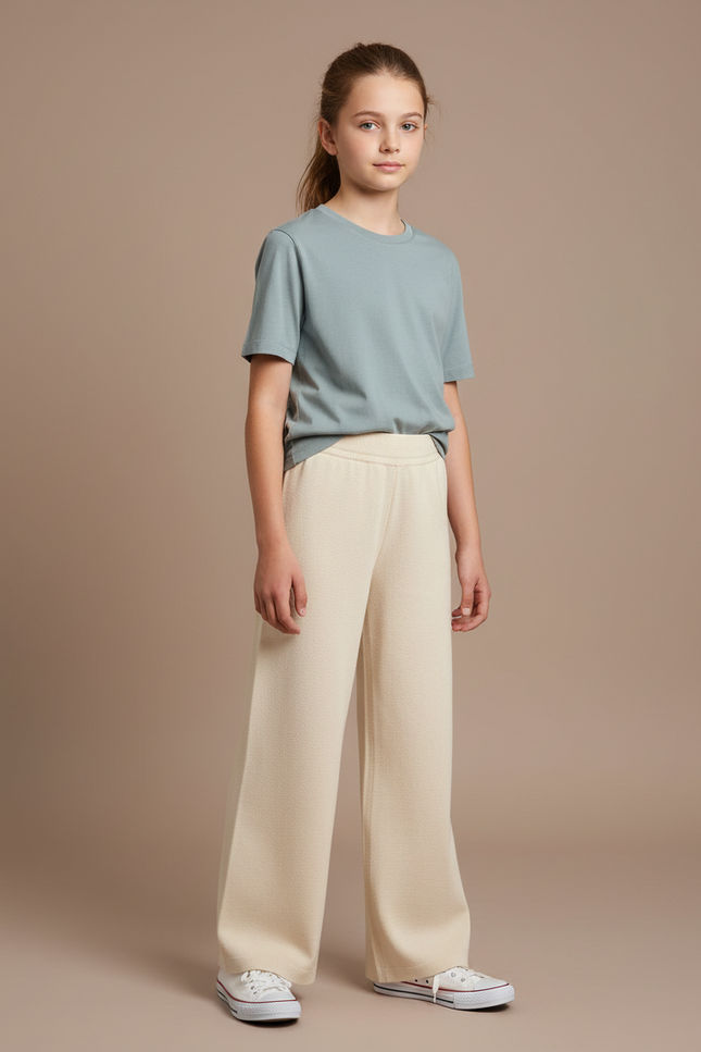 Pantalon Blanc Tricoté Ample Taille Haute Fille - Beige Maille