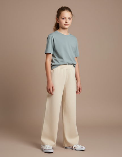 Pantalon Blanc Tricoté Ample Taille Haute Fille - Beige Maille