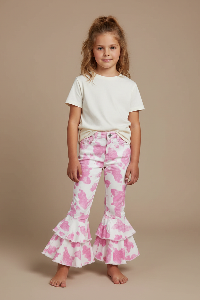 Pantalon Blanc Volants Rose Imprimé Évasé Fille - Jean