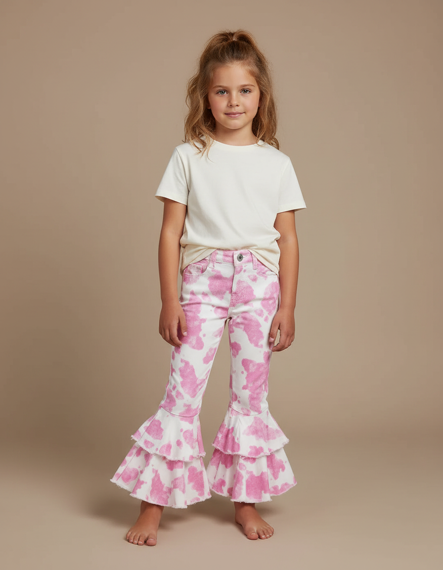Pantalon Blanc Volants Rose Imprimé Évasé Fille - Jean