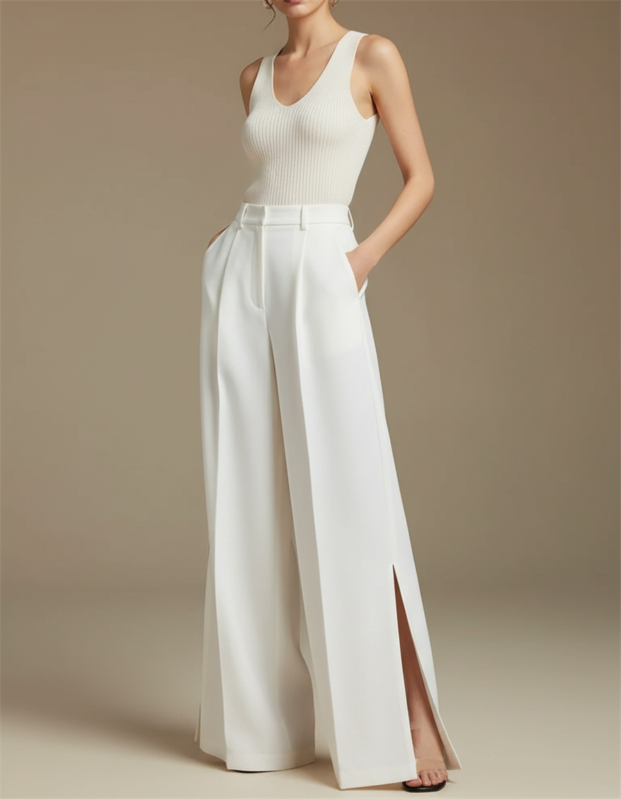 Pantalon Large Fluide Blanc - Polyester