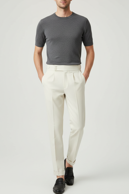 Pantalon Blanc Homme Plissé Taille Haute Élégant Décontracté - Beige Gabardine