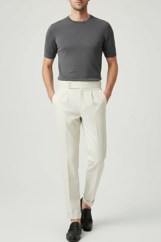Pantalon Blanc Homme Plissé Taille Haute Élégant Décontracté - Beige Gabardine