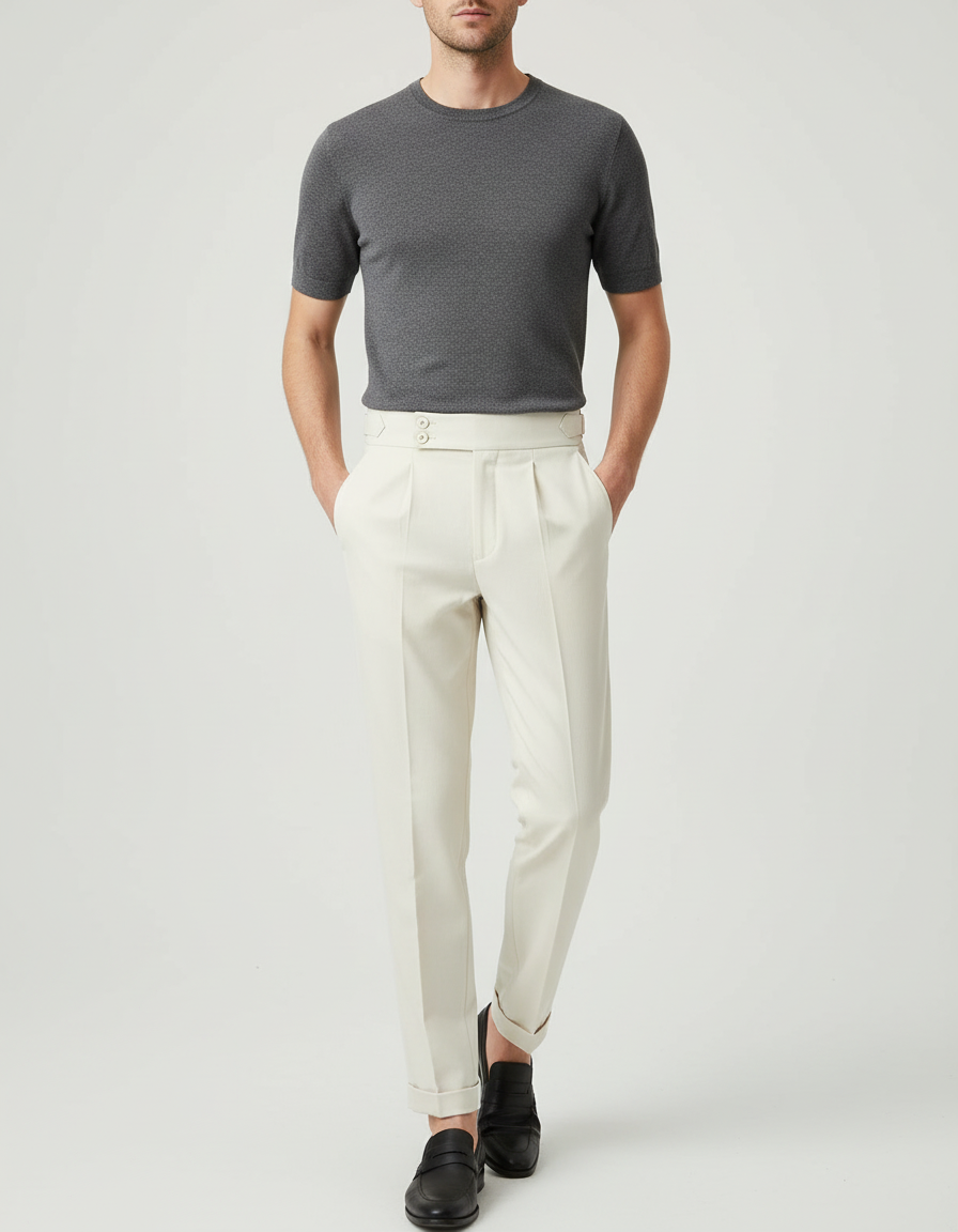 Pantalon Blanc Homme Plissé Taille Haute Élégant Décontracté - Beige Gabardine
