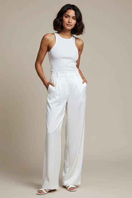 Pantalon Blanc Satin Ample Fluide Élégant Femme