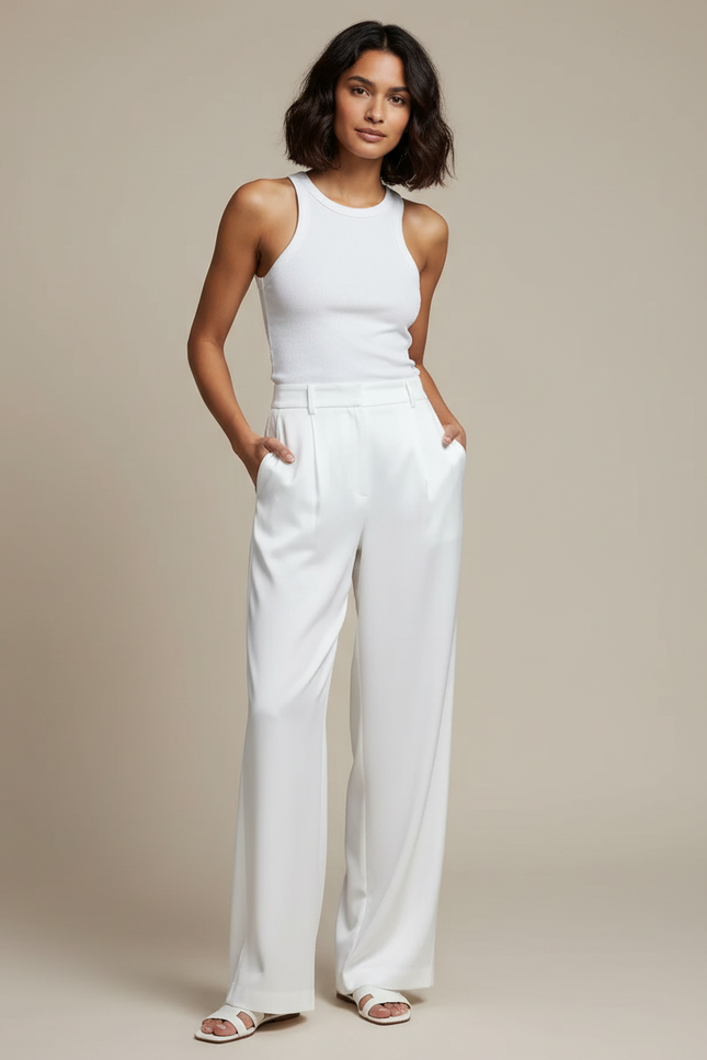Pantalon Blanc Satin Ample Fluide Élégant Femme