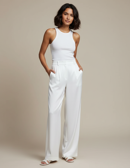 Pantalon Blanc Satin Ample Fluide Élégant Femme
