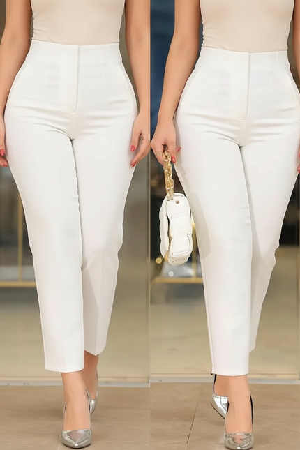 Pantalon Blanc Taille Haute Slim - Polyester