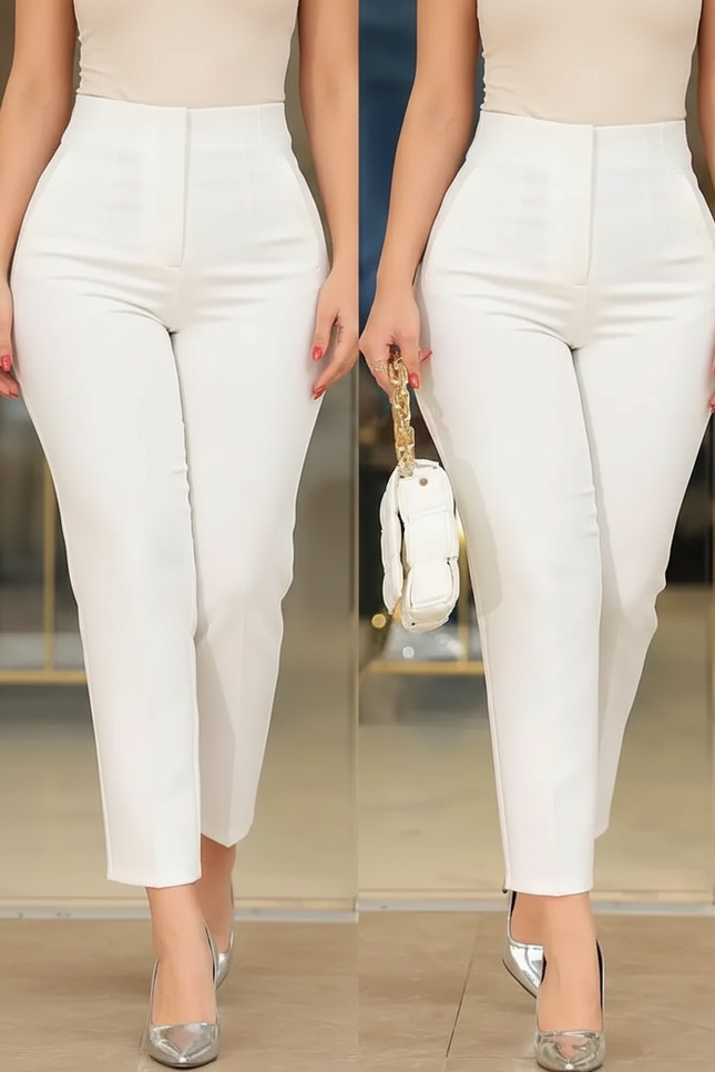 Pantalon Blanc Taille Haute Slim - Polyester